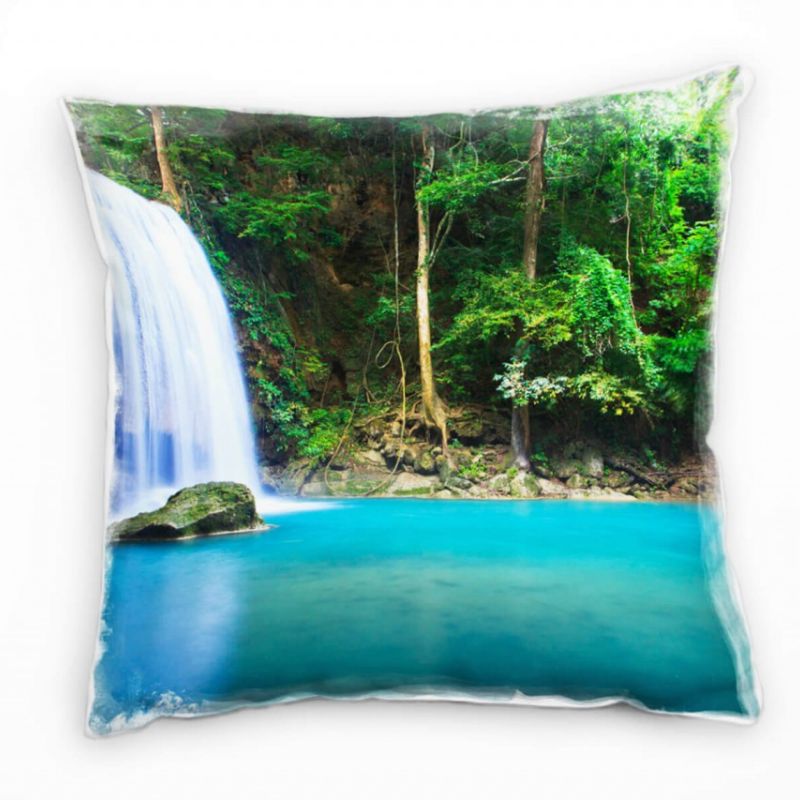 Natur, türkis, grün, Wasserfall, tropischer Wald, Thailand Deko Kissen 40x40cm für Couch Sofa Lounge