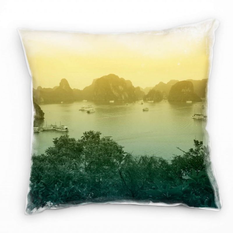 Landschaft, Sonnenaufgang, Dunst, Felsen, orange Deko Kissen 40x40cm für Couch Sofa Lounge Zierkisse