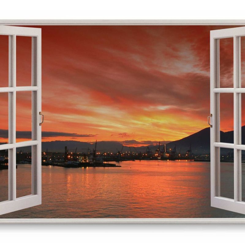 Wandbild 120x80cm Fensterbild Sonnenuntergang Hafen Meer Berge Abendrot