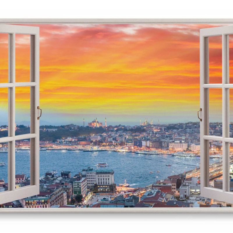 Wandbild 120x80cm Fensterbild Roter Himmel Istanbul Bucht Meer Sonnenuntergang