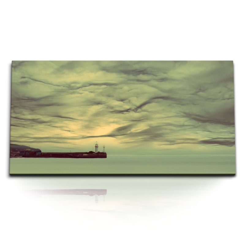 Kunstdruck Bilder 120x60cm Küste Leuchtturm Kunstvoll Himmel Meer Horizont