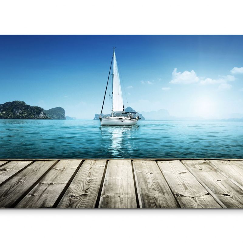 120x80cm Wandbild Holzsteg Meer Segelyacht Himmel