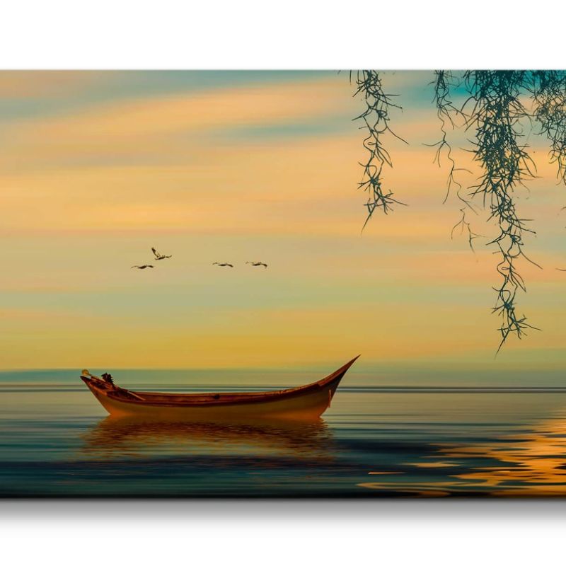 Leinwandbild 120x60cm Boot Meer Sonne Malerisch Natur Wunderschön Kunstvoll