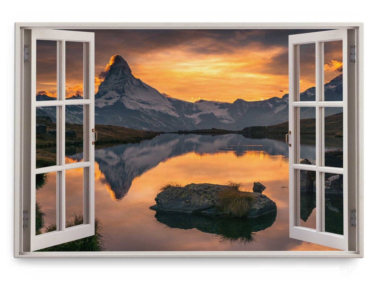 Wandbild 120x80cm Fensterbild Abenddämmerung Alpen Alpensee See Abendrot