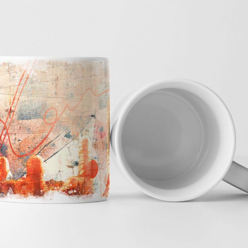 Tasse Geschenk hell-lachsrosa Grundierung; graue, orangene Abstraktionen