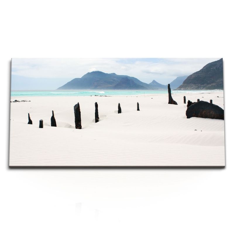 Kunstdruck Bilder 120x60cm Weißer Sandstrand Strand Treibholz Berge Küste