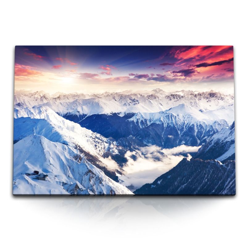 120x80cm Wandbild auf Leinwand Gebirge Berge Schnee Gipfel Sonnenuntergang