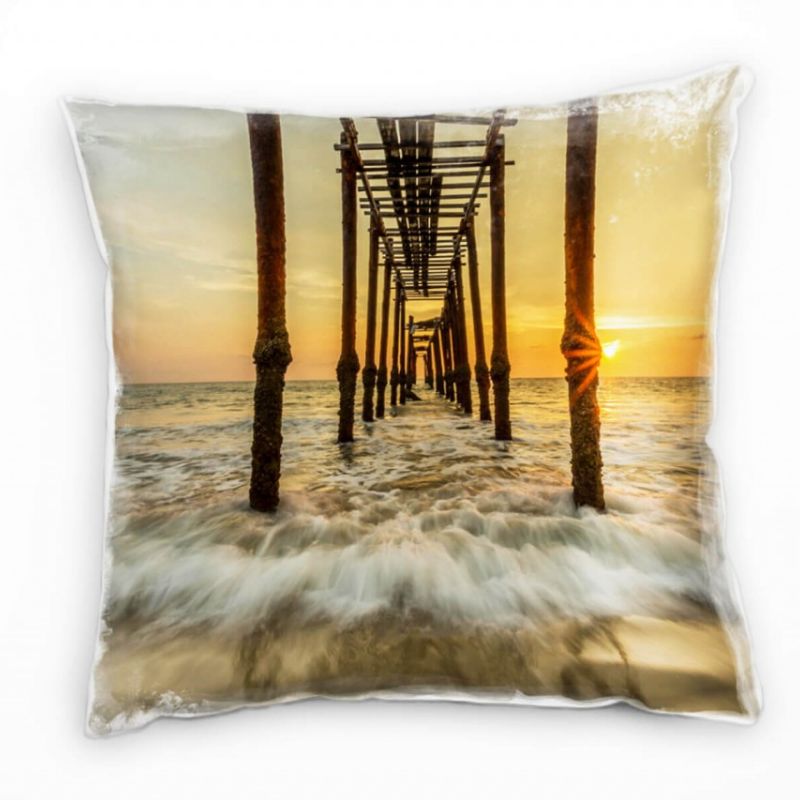 Strand und Meer, Sonnenuntergang, orange, blau Deko Kissen 40x40cm für Couch Sofa Lounge Zierkissen