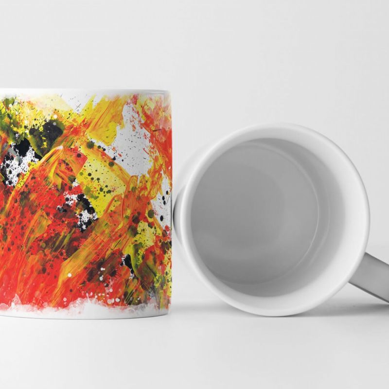 Tasse Geschenk rot in gelb überlaufend, schwarzen Klecksen