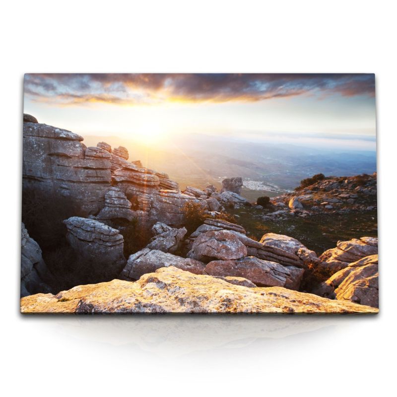 120x80cm Wandbild auf Leinwand El Torcal Spanien Andalusien Felsen Berge Natur Sonnenuntergang