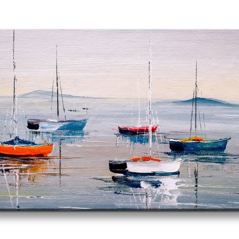 Leinwandbild 120x60cm Segelboote Meer Malerisch Horizont Kunstvoll Friedlich