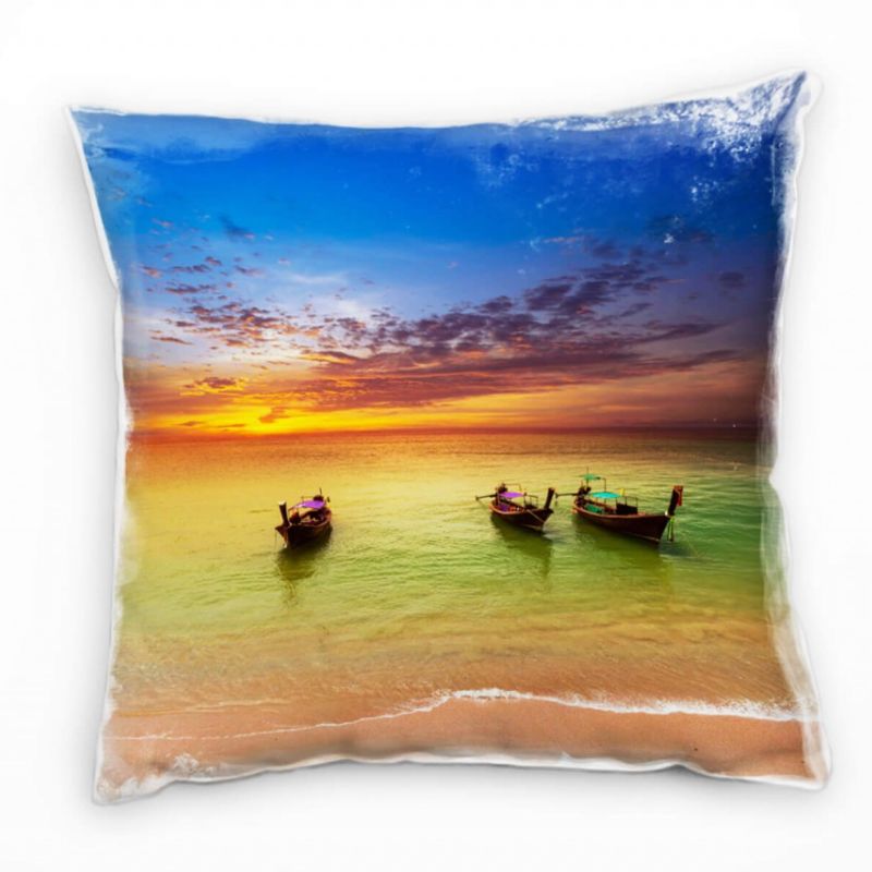 Meer, grün, orange, braun, Boote, Sonnenuntergang Deko Kissen 40x40cm für Couch Sofa Lounge Zierkiss