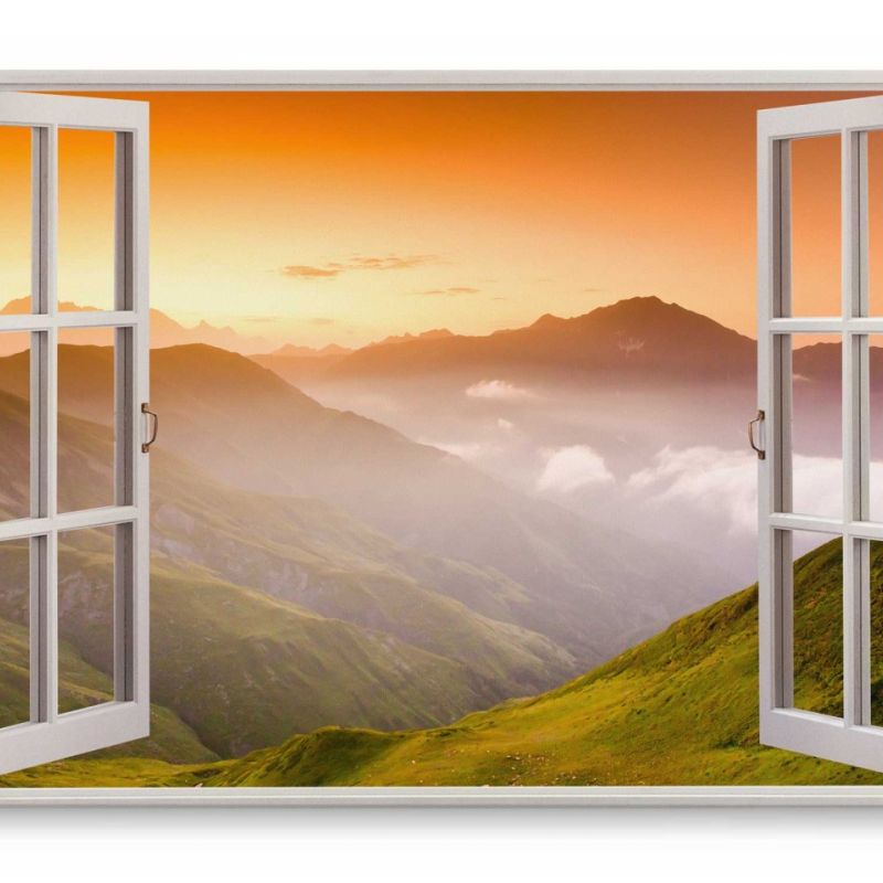 Wandbild 120x80cm Fensterbild Berge Gebirge Natur Grün Sonnenuntergang