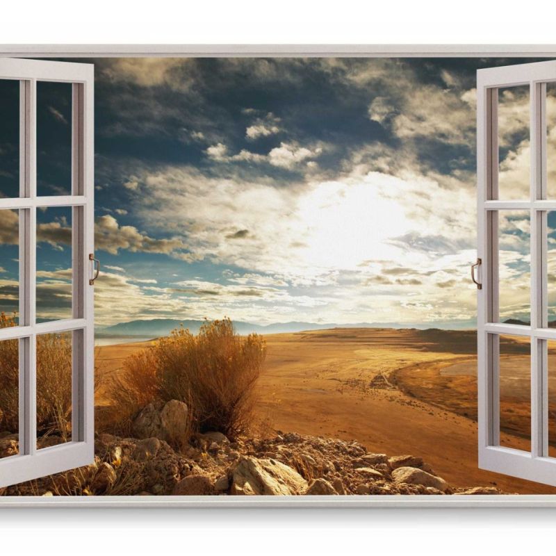 Wandbild 120x80cm Fensterbild Steppenlandschaft Steppe Sonnenuntergang Horizont