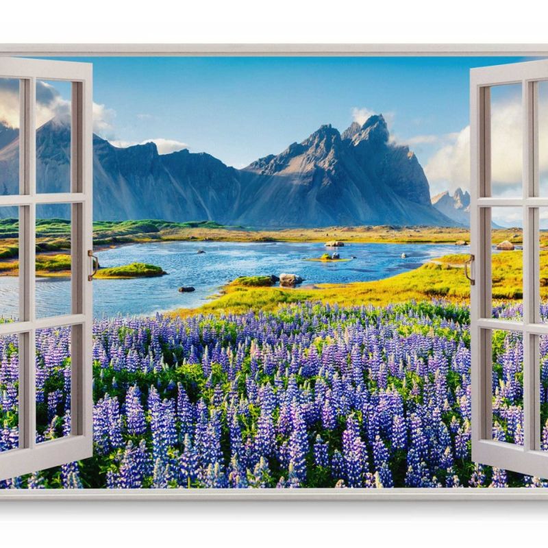 Wandbild 120x80cm Fensterbild Südamerika See Berge Blumen Blau Natur