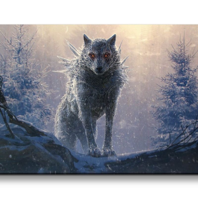 Leinwandbild 120x60cm Fantasie Wolf Tiergott Mystisch Geheimnisvoll Wald Winter