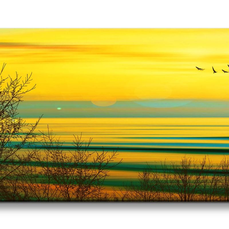 Leinwandbild 120x60cm See Horizont Natur Harmonie Abendröte Vögel Idyllisch