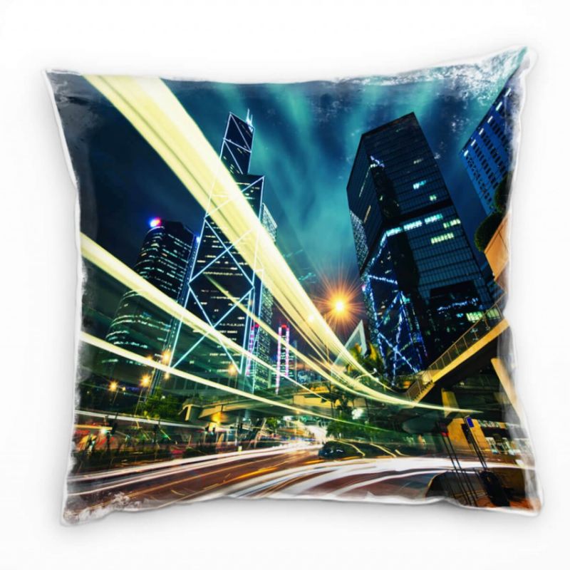 Urban und City, blau, gelb, Lichtlinien, Hochhäuser Deko Kissen 40x40cm für Couch Sofa Lounge Zierki