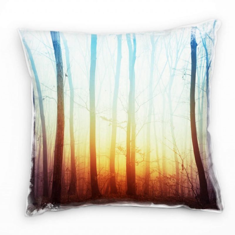 Natur, blau, orange, mysteriöser Wald, Dunst Deko Kissen 40x40cm für Couch Sofa Lounge Zierkissen