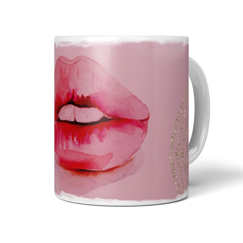 Dekorative Tasse mit schönem Motiv rote Lippen Rosa Feminin goldene Elemente