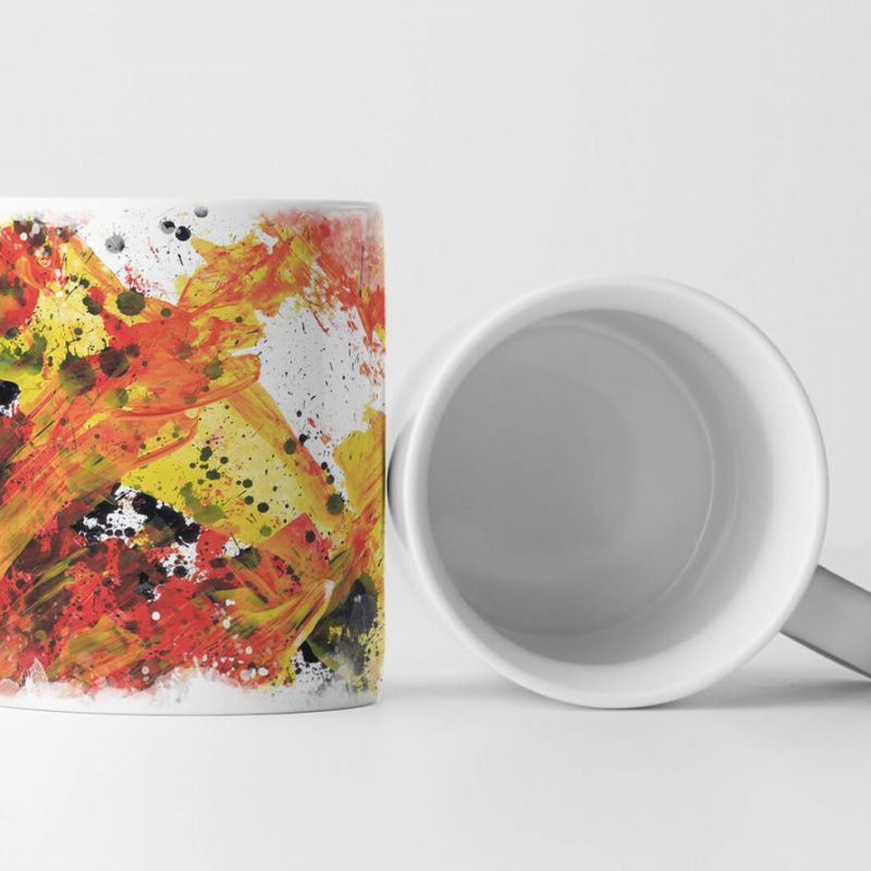 Tasse Geschenk rot in gelb überlaufend, schwarzen Klecksen