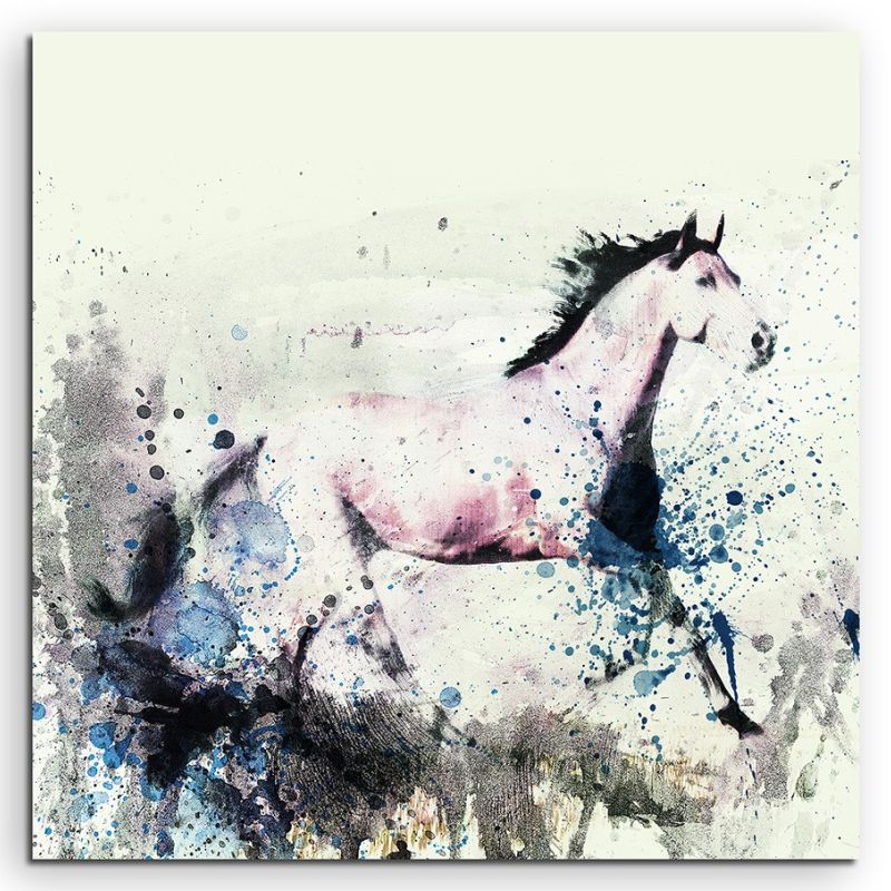 White Horse Running 60x60cm  Aquarell Art Leinwandbild