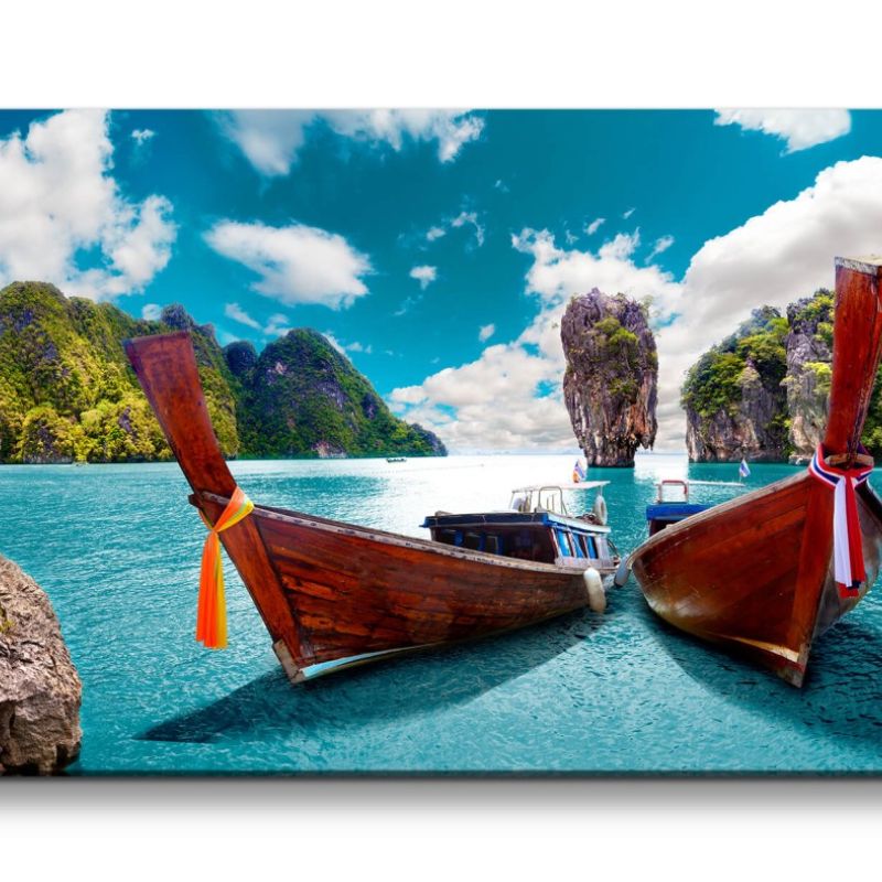 Leinwandbild 120x60cm Thailand Boote Meer Felsen Urlaub Sommer Paradies