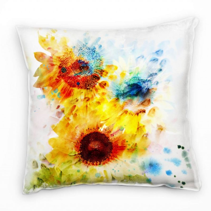 Blumen, blau, gelb, abstrakt, gemalt, Sonnenblumen Deko Kissen 40x40cm für Couch Sofa Lounge Zierkis