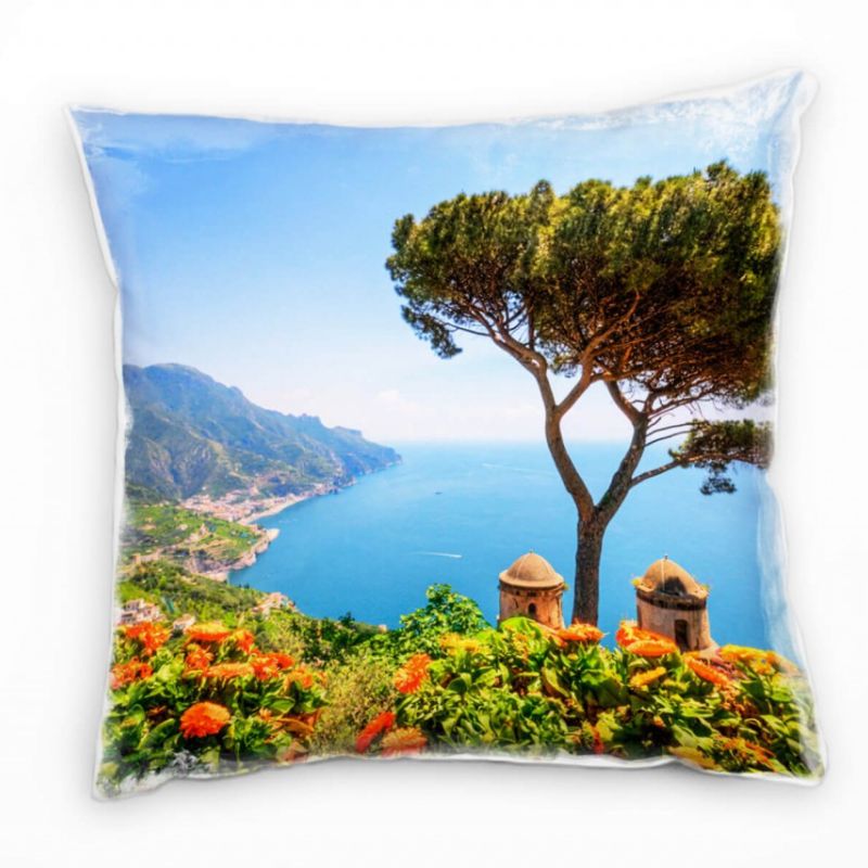 Landschaft, blau, grün, Blumen, Meer, Hügel, Italien Deko Kissen 40x40cm für Couch Sofa Lounge Zierk