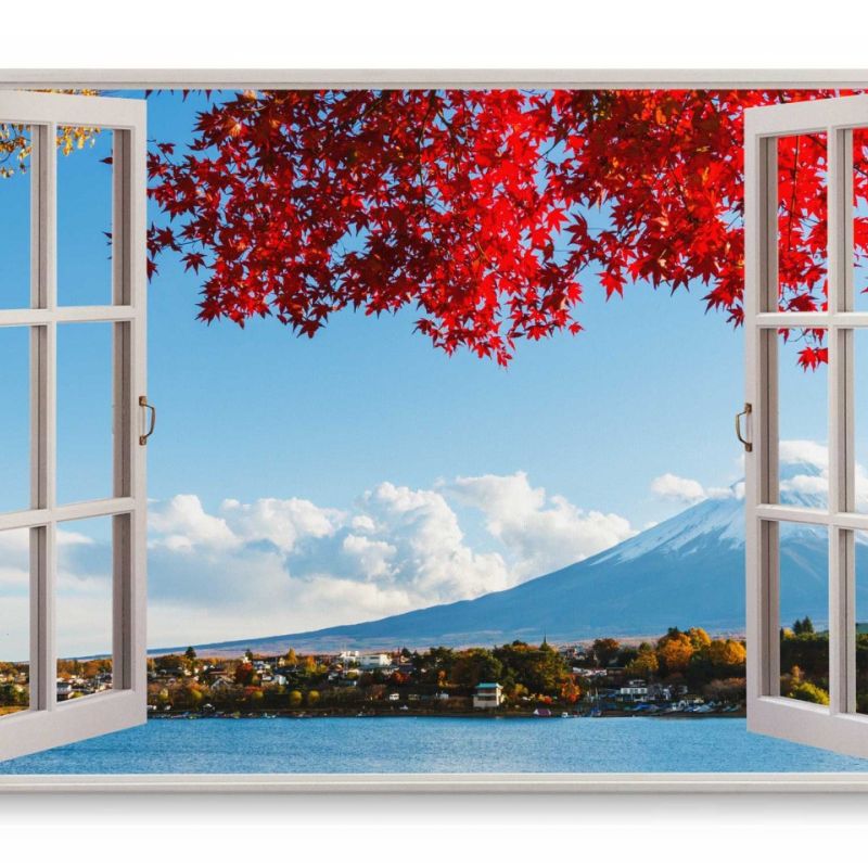 Wandbild 120x80cm Fensterbild Japan Fuji Vulkan Meer Blau Herbstblätter