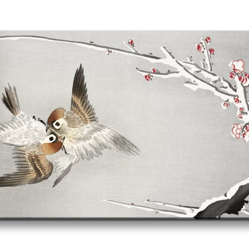 Remaster 120x60cm Ohara Koson traditionell japanische Kunst Schwalben kleine Vögel Ast Schnee