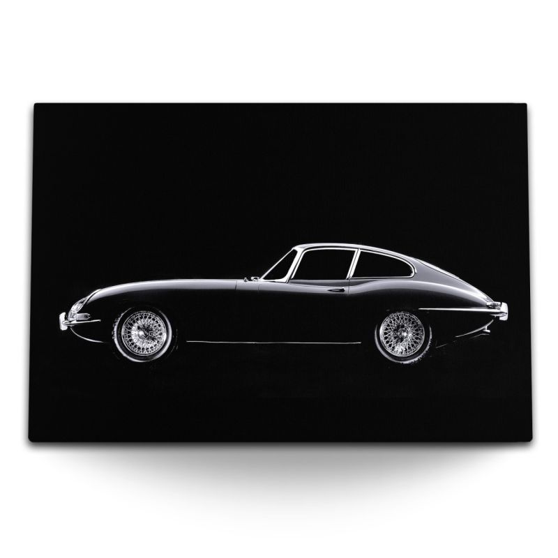 120x80cm Wandbild auf Leinwand Oldtimer Auto Schwarz Weiß Jaguar Kunstvoll