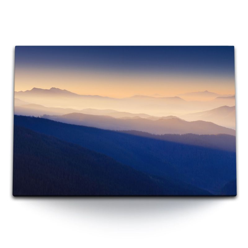 120x80cm Wandbild auf Leinwand Berge Blaue Stunde Sonnenaufgang Gebirge Bergkette