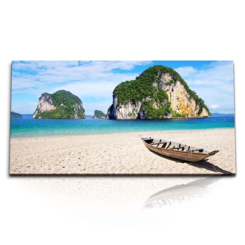 Kunstdruck Bilder 120x60cm Thailand Sonnenschein Meer Sandstrand Fischerboot Felsen