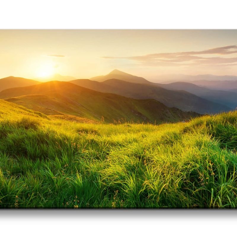 Leinwandbild 120x60cm Alpen Berge Wiese Gras Natur Sonnenuntergang Friedlich Still