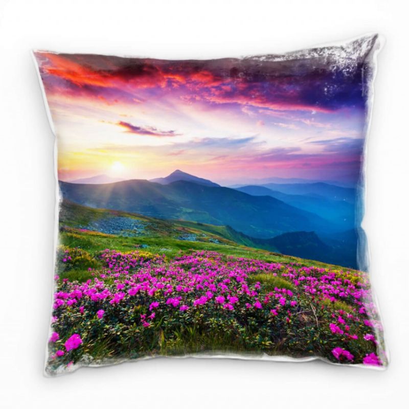 Landschaft, grün, lila, rot, Blumen, Berge, Sommer Deko Kissen 40x40cm für Couch Sofa Lounge Zierkis