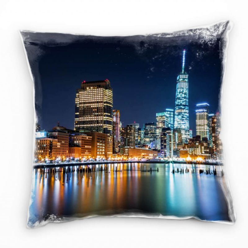 City, New York, Manhattan, Nacht, blau, orange Deko Kissen 40x40cm für Couch Sofa Lounge Zierkissen