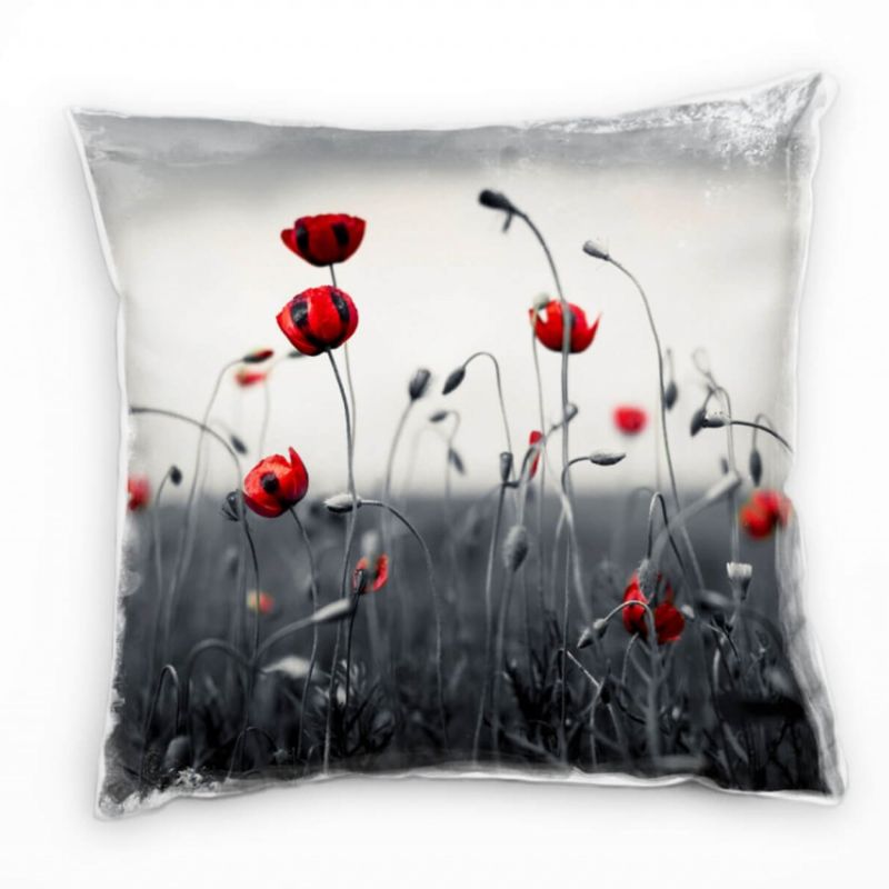 Blumen, Wiese, Mohn, grau, rot Deko Kissen 40x40cm für Couch Sofa Lounge Zierkissen