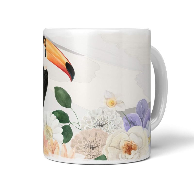 Dekorative Tasse mit schönem Vogel Motiv Riesentukan Tukan Blumen Blüten Kunstvoll