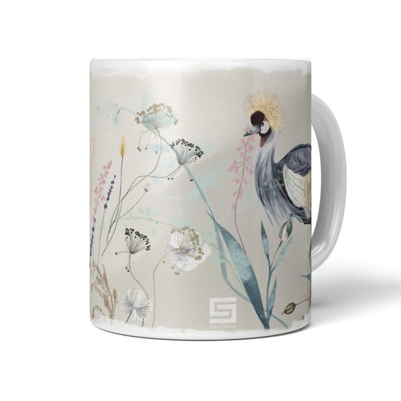 Dekorative Tasse mit schönem Vogel Motiv Kranich Blumen Blüten Pastelltöne Einzigartig Design