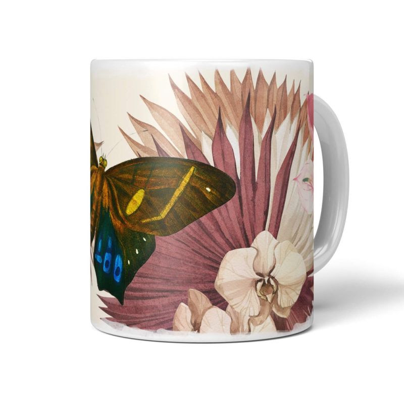 Dekorative Tasse mit schönem Motiv Schmetterling Blumen Blüten Exotisch Vintage Pastelltöne