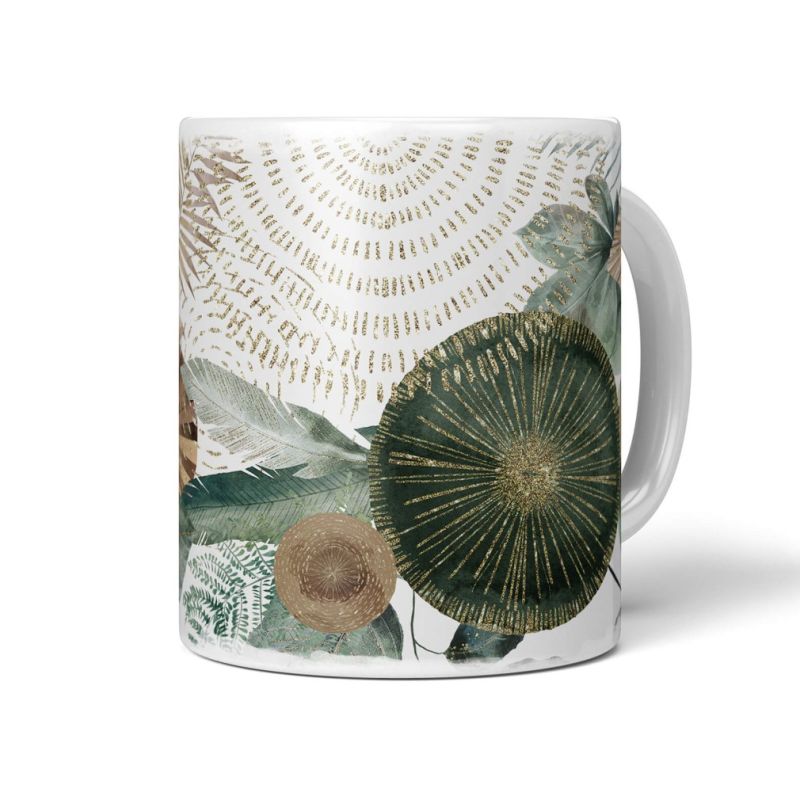 Dekorative Tasse mit schönem Motiv einzigartiges Design Kreise Braun Gold Pflanzen Blätter