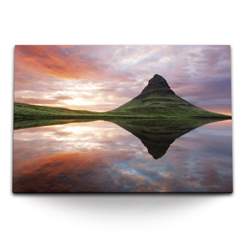 120x80cm Wandbild auf Leinwand Island Landschaft Berg Meer Sonnenuntergang Rosa Himmel