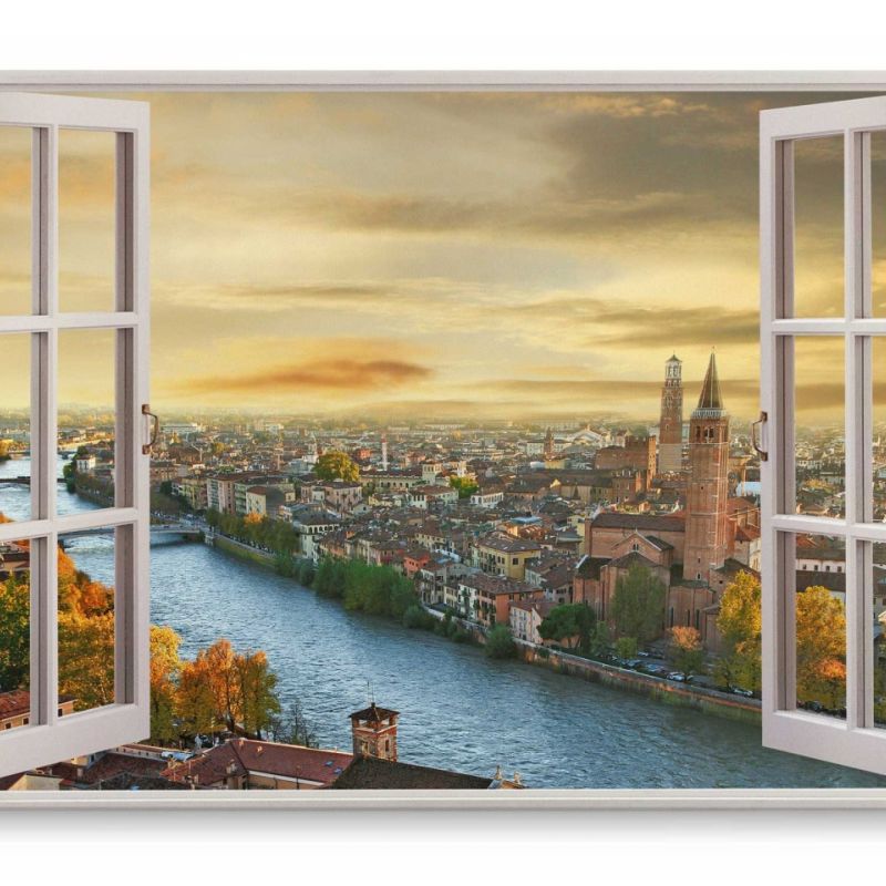 Wandbild 120x80cm Fensterbild Verona Italien Altstadt Historisch Kanal Sonnenuntergang