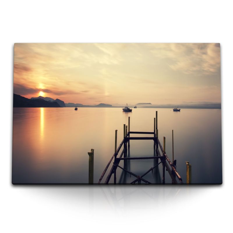 120x80cm Wandbild auf Leinwand Meer Steg Berge Abend Sonnenuntergang Boote