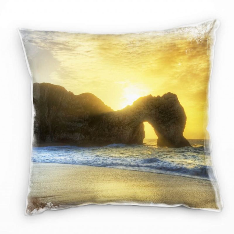 Strand und Meer, gelb, blau, Wellen, Felsen, England Deko Kissen 40x40cm für Couch Sofa Lounge Zierk