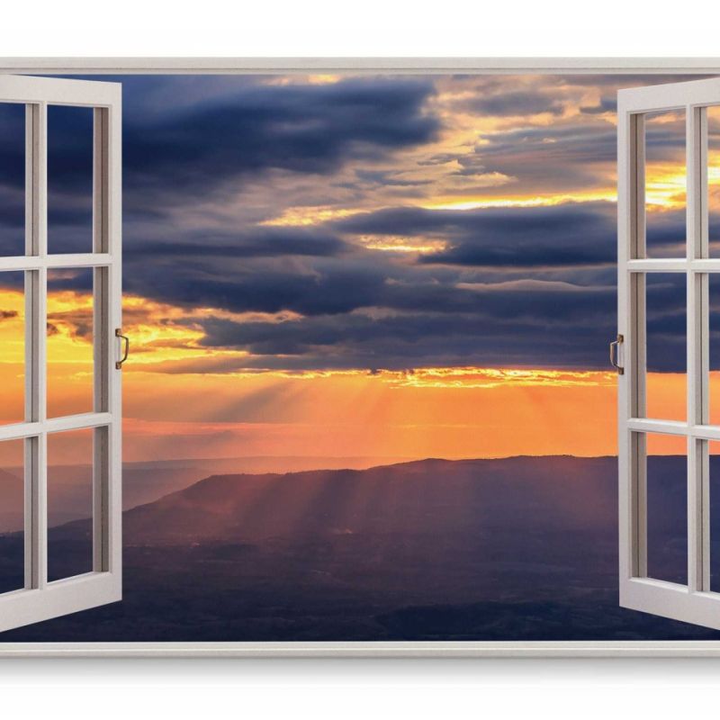 Wandbild 120x80cm Fensterbild Abendrot Sonnenuntergang Berge roter Himmel