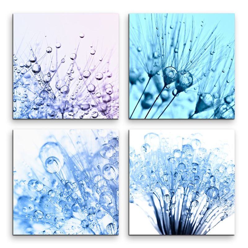 4 teiliges Leinwandbild je 30x30cm  –  Pusteblume Wassertropfen Makroaufnahme