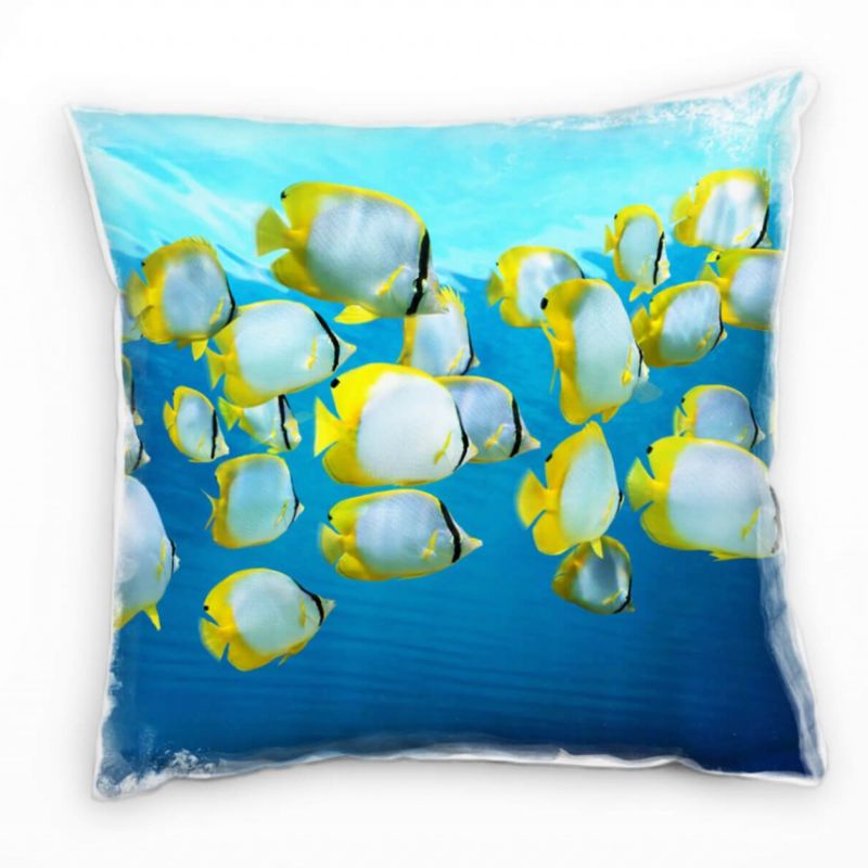 Tiere, blau, gelb, Fische, Unterwasser Deko Kissen 40x40cm für Couch Sofa Lounge Zierkissen