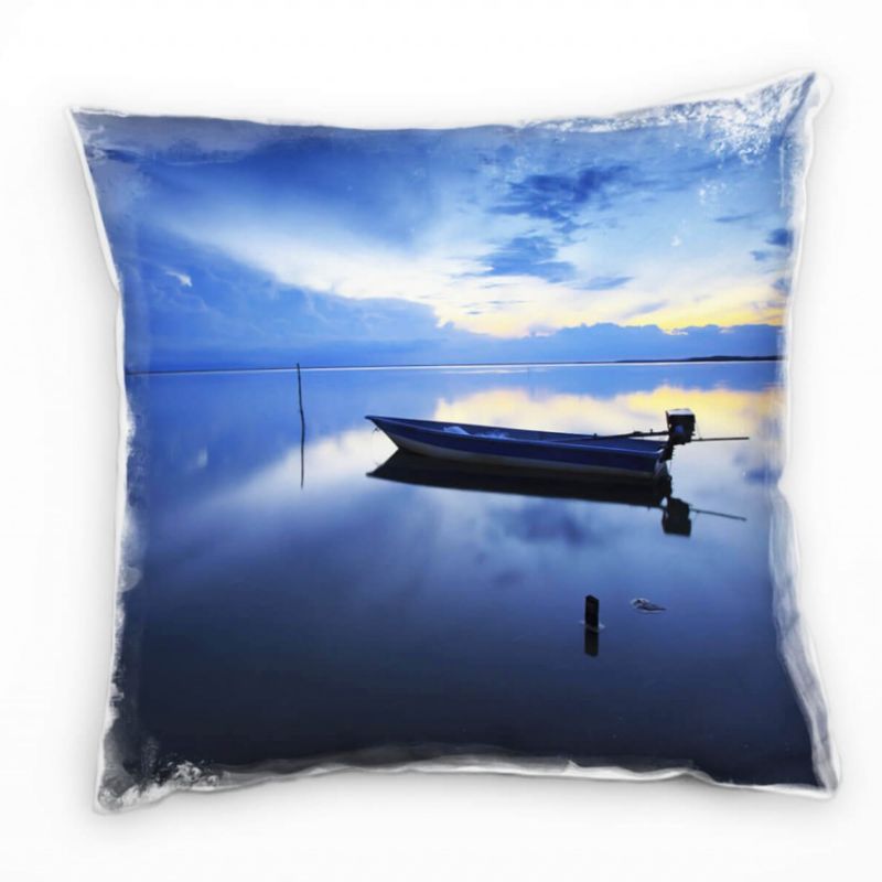 Meer, blau, gelb, Spiegelung, Boot, Sonnenaufgang  Deko Kissen 40x40cm für Couch Sofa Lounge Zierkis